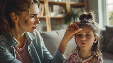 Children Healthcare. Mother checking temperature of her sick little daughter at home, caring mom looking at thermometer in hand and touching forehead of ill female child, closeup shot