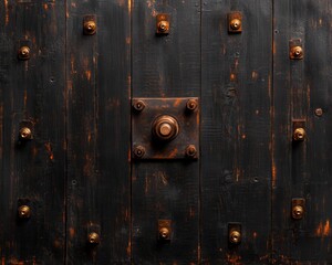 Fototapeta premium A rustic black wooden door with decorative metallic studs and a central fixture, showcasing a weathered texture.