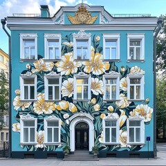 A 3 story building painted on the exterior with a floral pattern