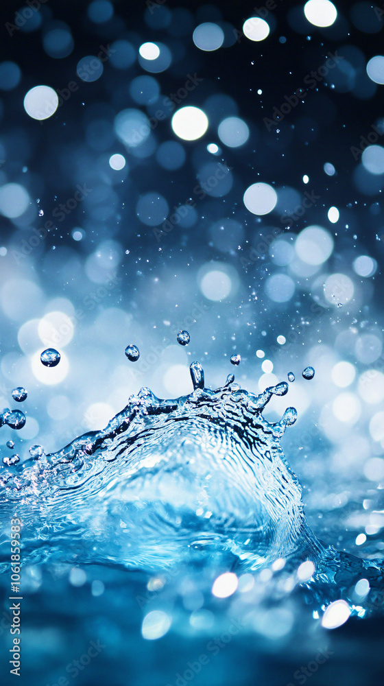 Poster Blue bokeh background with water splashes creating circular ripples on the surface
