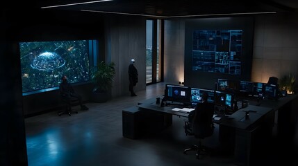 Three people in a dark office with multiple screens.