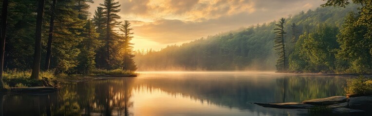 Obraz premium Sunrise over the tranquil waters of Allegheny National Forest with mist rising among the trees