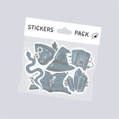 Sticker pack in plastic packaging. Set of witchcraft stickers. Witch hat, snake, magic book, crystal, tarot cards, ouija board. Halloween collection. Hand drawn vector illustration