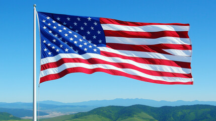 Obraz premium The American flag waving in the wind with a scenic mountain landscape under a clear blue sky.