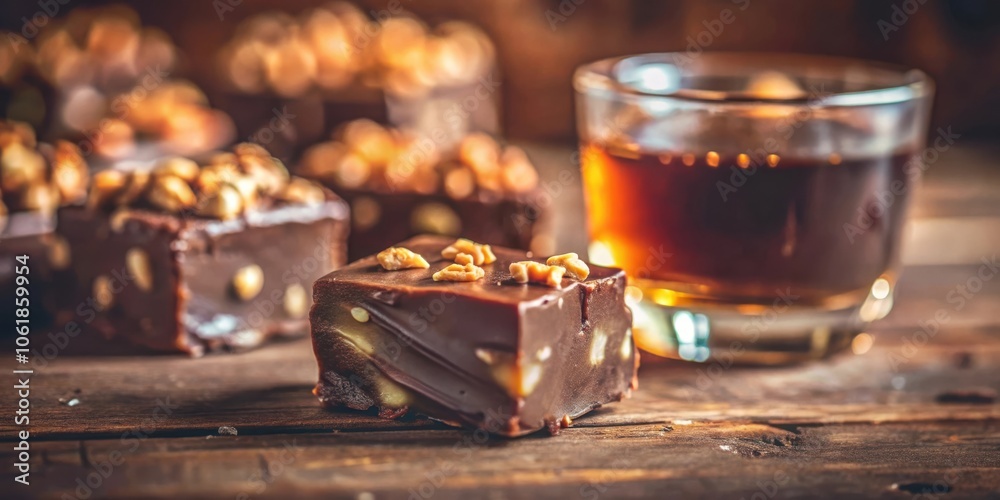 Poster A close-up view of a single chocolate square with nuts on a rustic wooden surface, accompanied by a glass of amber-hued liquid, suggesting a decadent and comforting moment