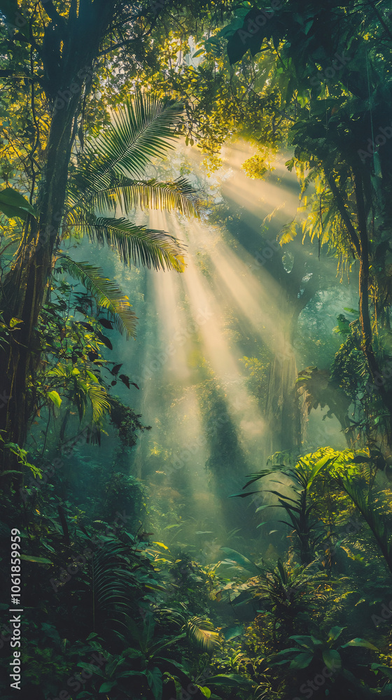 Poster golden sunlight filters through misty jungle canopy, illuminating lush greenery with vibrant sunbeam