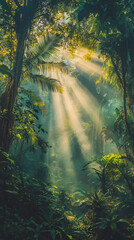 Obraz premium Golden sunlight filters through misty jungle canopy, illuminating lush greenery with vibrant sunbeams in a serene and tranquil scene. Misty fog adds exotic touch to stunning tropical view
