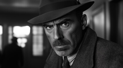 Vintage detective in fedora hat staring intently in black and white portrait