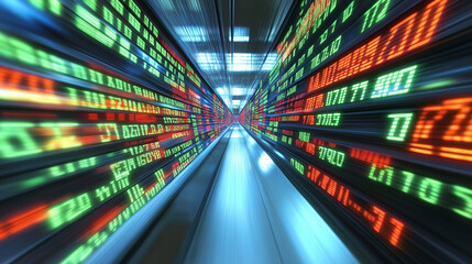A colorful, dynamic stock market display showing green and red financial data, conveying movement, speed, and real-time global trading activity.
