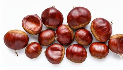 Obraz premium Heap of Chestnuts top view isolate on transparency background