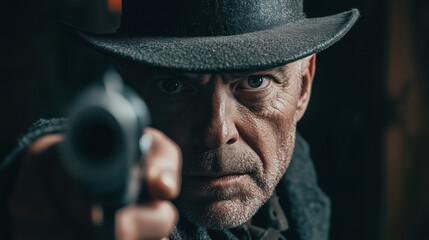 Intense cowboy standoff: steely gaze and outlaw suspense