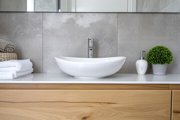 Fototapeta premium White ceramic sink. Minimalist interior design of modern bathroom. Container sits on a granite countertop. Wall mirrors, pendant lights hang from the terrazzo wall. 