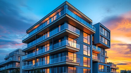 Obraz premium Modern apartment building with glass balconies illuminated at sunset.