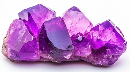 Vibrant purple amethyst crystals on white background