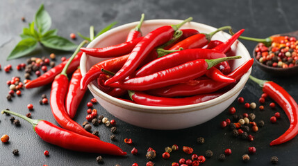 Fresh red chili peppers in bowl with mixed peppercorns on dark background