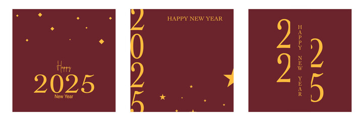 Set of golden 2025 New Year square templates. Holiday minimal greeting card. Holiday red color design for banner, social media, flyer, greeting card, invitation, calendar, etc. Vector illustration.