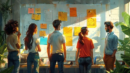 A diverse team in a modern office having a brainstorming session, sticky notes on the wall, everyone engaged, professional and collaborative atmosphere, bright natural lighting