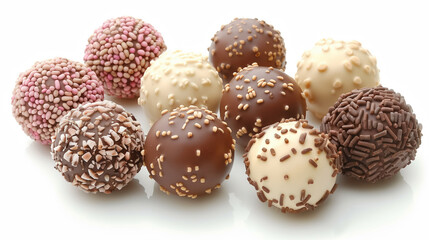 Assorted chocolate truffles with colorful sprinkles on a white background