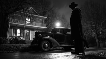 Mysterious noir scene: vintage car, shadowy figure, and eerie house at night