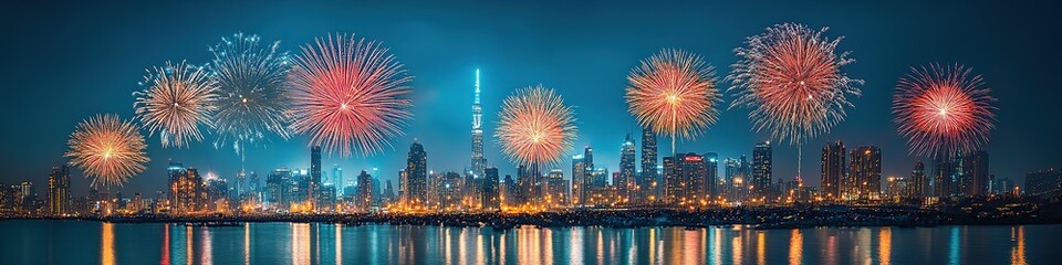 Fireworks over city skyline at night, reflection on water