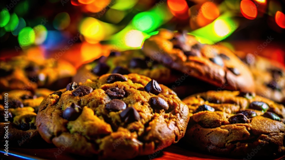 Poster A close-up of a chocolate chip cookie with a warm, inviting texture, illuminated by a vibrant bokeh of multicolored lights.