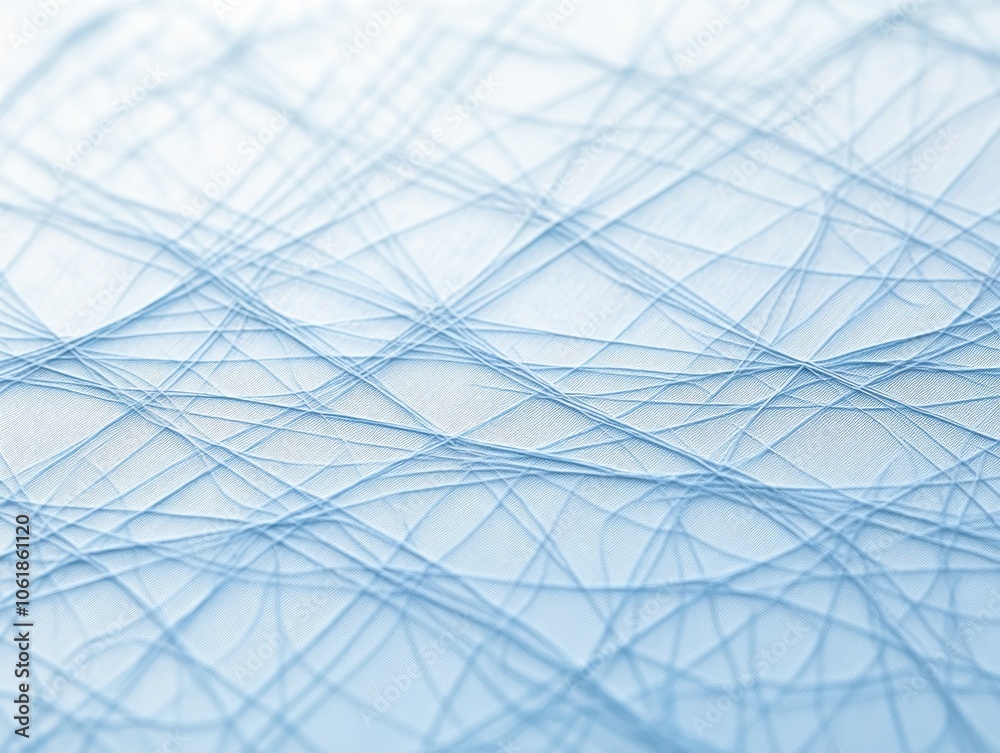 Poster intertwined light blue threads create an intricate pattern on a pale blue background, evoking a sens