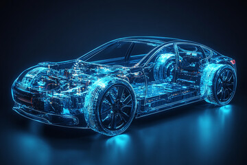 Naklejka premium Transparent visible battery and components blue wireframe of a modern electric car with lithium battery pack. 