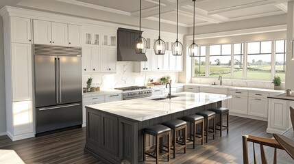 Bright, elegant kitchen with modern cabinets, double fridge, professional-grade kitchenware, and large marble island. Ambient lighting highlights high-end finishes