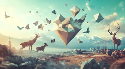 Two deer stand in a surreal landscape with floating geometric shapes and butterflies.