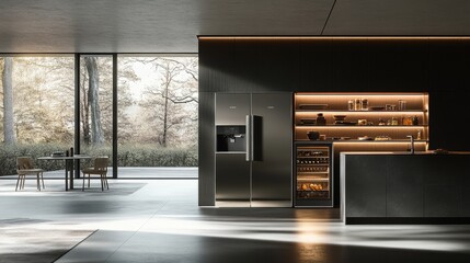 Contemporary luxury kitchen with minimalist cabinetry, seamless built-in appliances, elegant fridge, and professional-grade cookware. Soft, natural lighting fills the space.