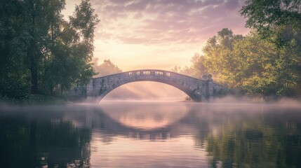 A stunning stone bridge arching gracefully over a tranquil river at sunrise amidst lush trees and gentle mist