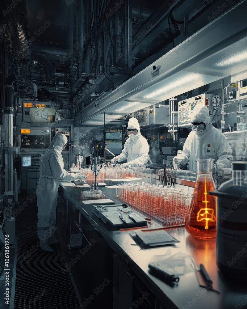 Fototapete Advanced research activities in a high-tech nuclear power laboratory with scientists conducting experiments during nighttime hours