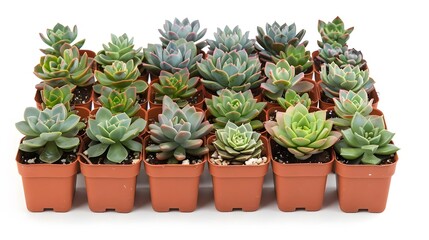 Fototapeta premium A collection of various succulents in terracotta pots arranged in a neat display.