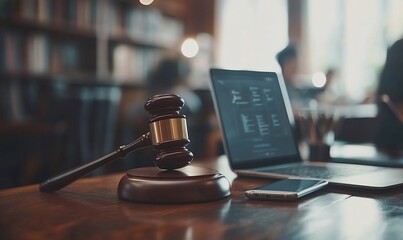 A wooden gavel rests on a table with a laptop and smartphone, symbolizing legal proceedings in the digital age.