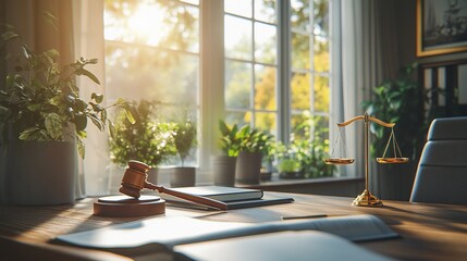 A wooden gavel rests on a desk with a law book and a scale of justice. The desk is near a window with a view of a leafy green garden.