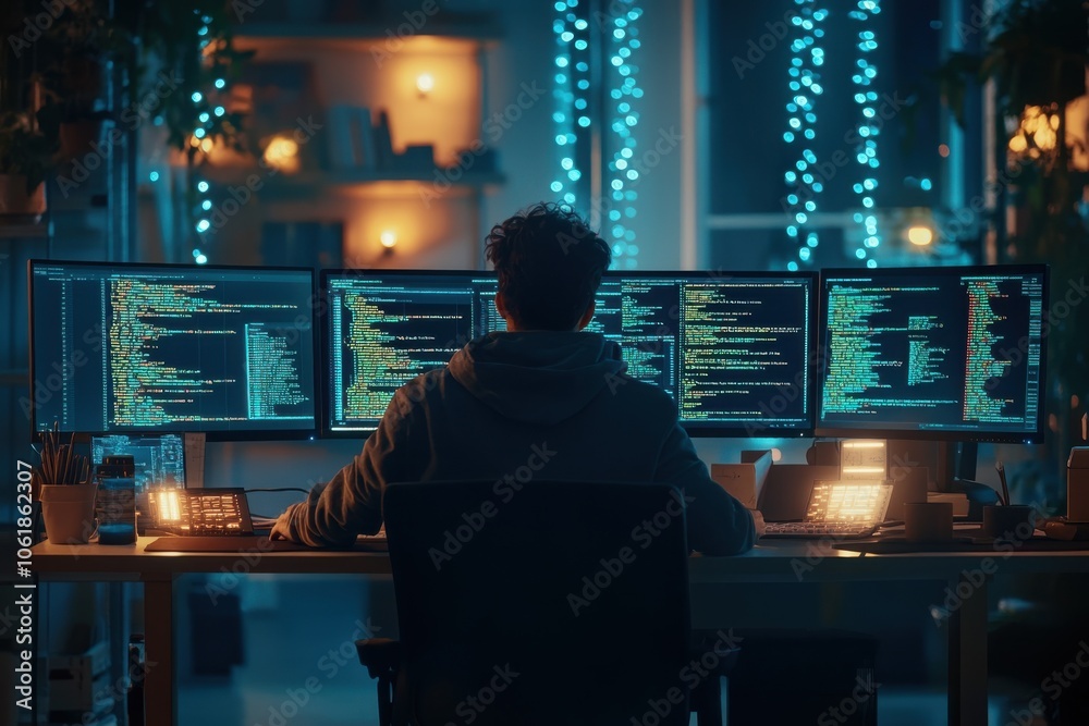 Fototapete a skilled ai developer engages with multiple monitors at a desk illuminated by soft blue lights in a