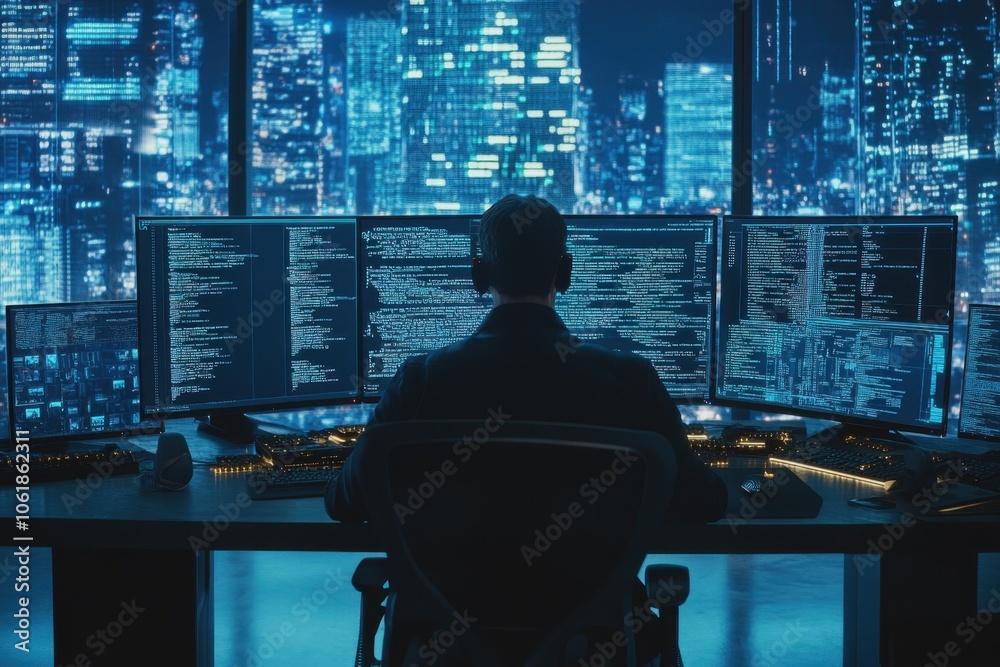 Aufkleber a skilled ai developer works late at night at a desk surrounded by multiple screens in a modern city