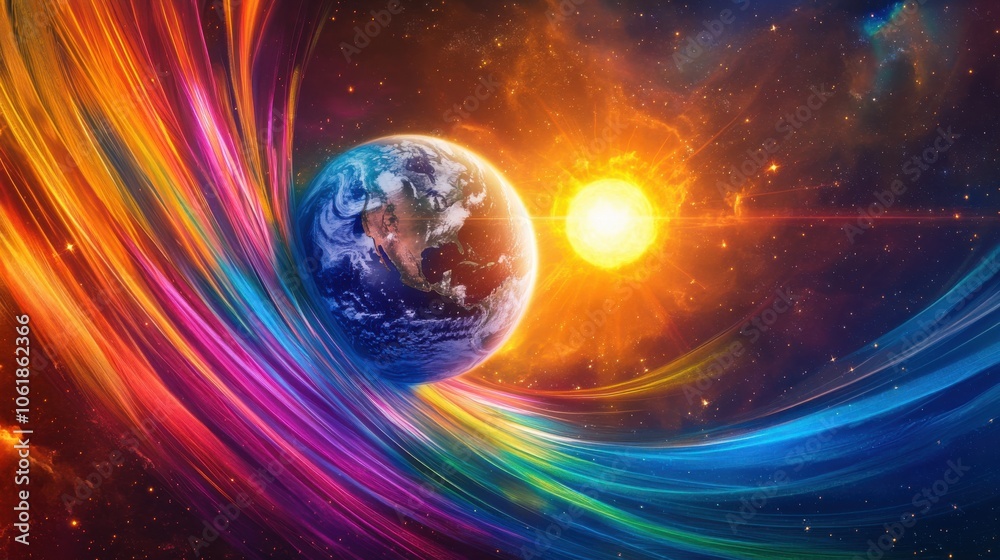 Poster a vibrant visualization of earth's magnetic field interacting with solar energy in a cosmic setting