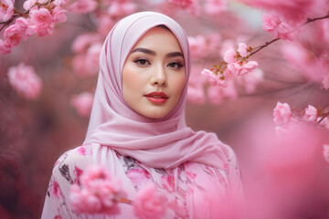 A woman wearing a pink hijab stands in front of pink flowers