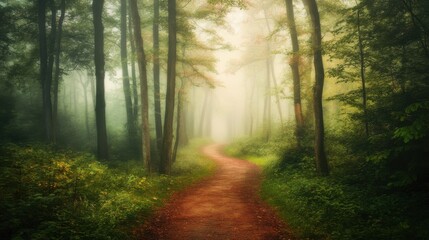 Naklejka premium A winding forest path vanishes into thick fog under soft morning light, inviting exploration on a tranquil day