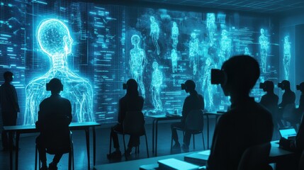 Futuristic classroom where students explore immersive virtual learning with holographic displays of human anatomy