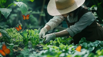 A farmer carefully tending to a vibrant vegetable garden surrounded by butterflies on a sunny day
