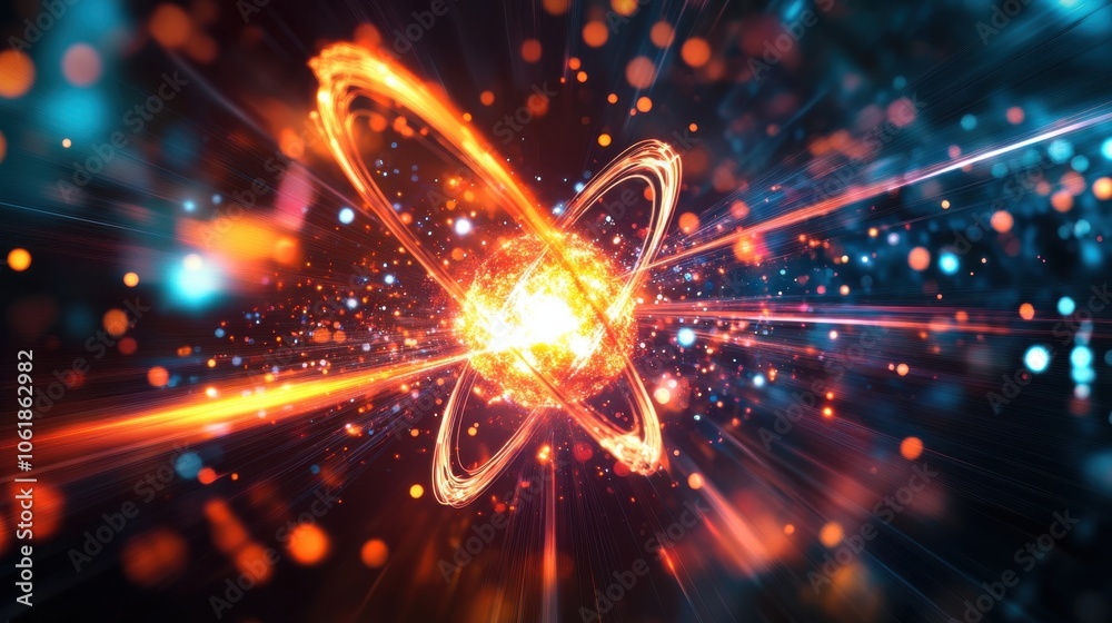 Poster a dynamic portrayal of an electron in motion amidst a vibrant cosmic backdrop, capturing a moment of