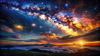 Obraz premium Surreal Starry Night Sky with Interstellar Depths - Celestial Wonders of Darkness and Light, Dreamlike Cosmic Landscape, Ethereal Universe, Fantastical Astronomy, Night Sky Exploration