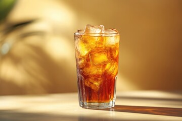 A Glass of Iced Cola with Ice Cubes on a Wooden Table