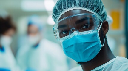A young African American man wearing a face mask and safety goggles, looking at the camera.