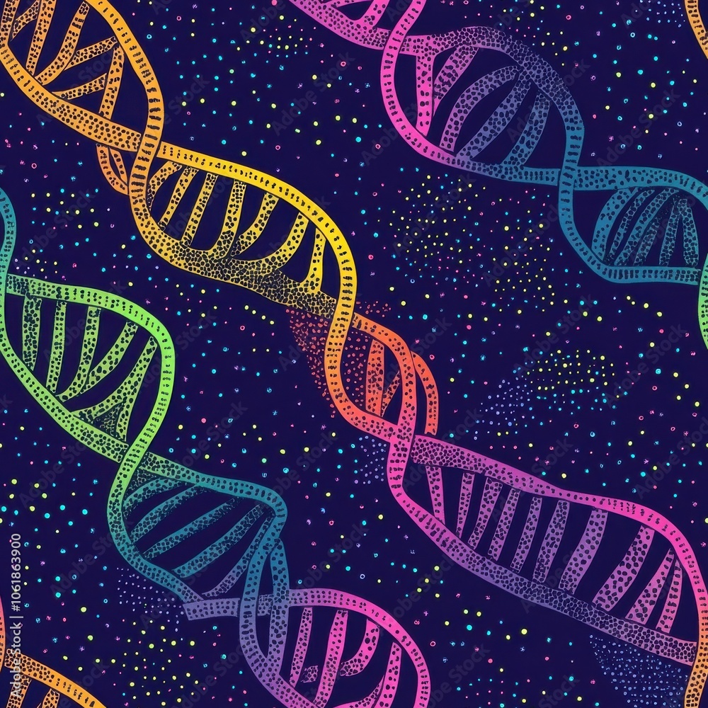 Aufkleber A vibrant display of double-helix DNA strands intertwined in colorful patterns against a dark background