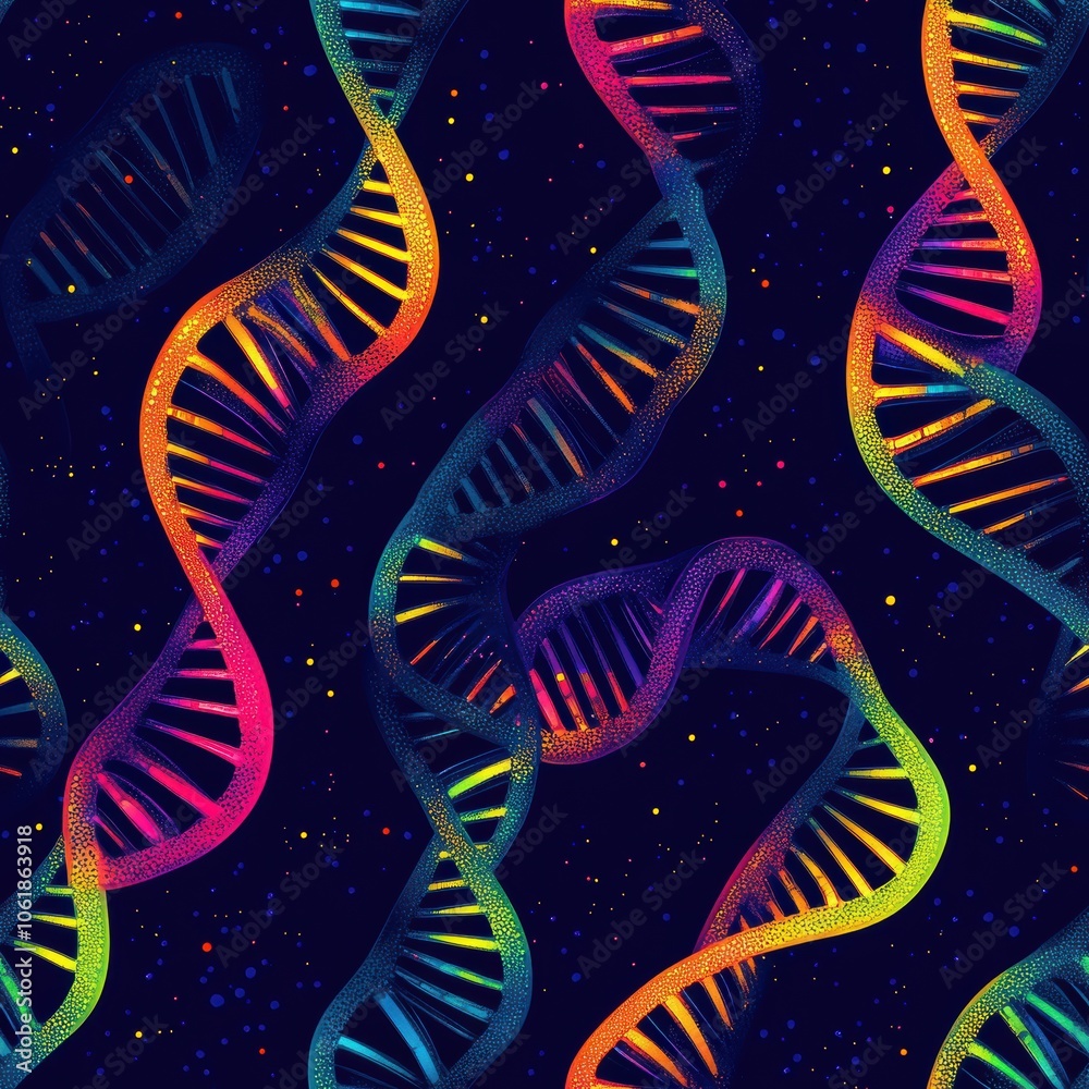 Poster Vibrant double-helix DNA pattern illustrating the complexity of genetic structures in a colorful cosmic background