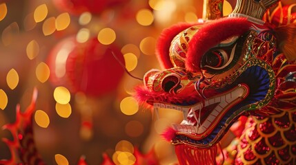 Chinese New Year, Spring Festival, Chinese dragon, carnival costume, street fair on a blurred background, garlands of glowing red paper lanterns, bokeh effect, copy space, free space for text