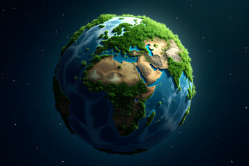 Fototapeta premium A planet covered with greenery and vegetation, dense forests, blue oceans between continents